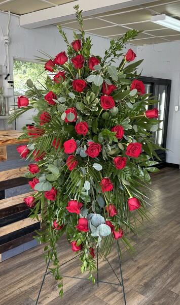 Four Dozen Roses Standing Spray from Roxie's Florist in Burlington, NC