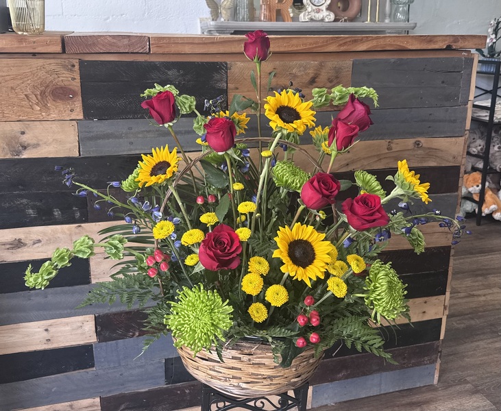 Sunshine and Crimson Funeral Basket from Roxie's Florist in Burlington, NC